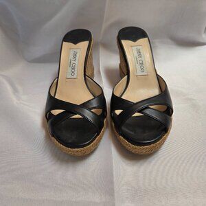 Black Jimmy Choo Leather, Cork and Straw Slip On Wedge